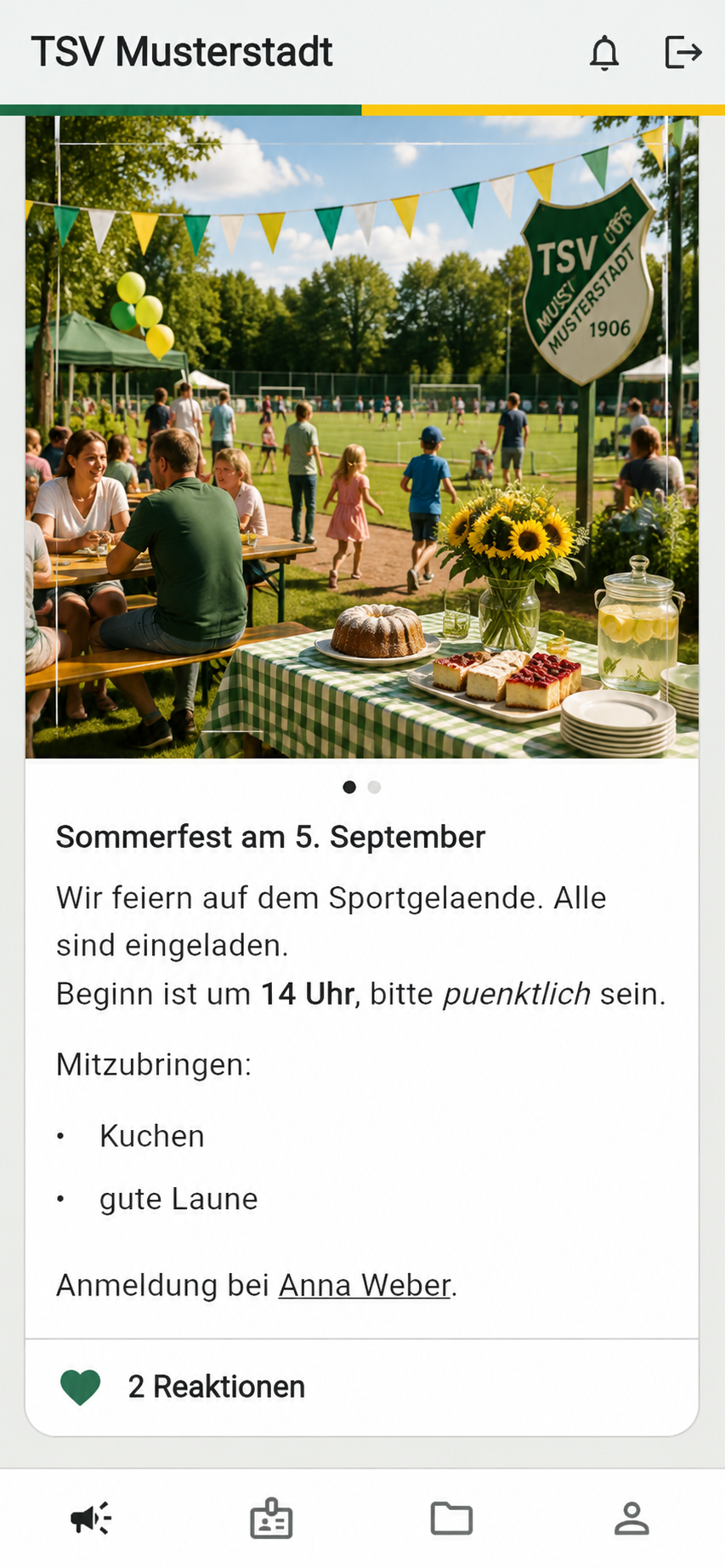 Das Mitgliederportal auf einem Telefon: die Nachrichten des Vereins, die eigenen Dokumente und die Mitgliedskarte.