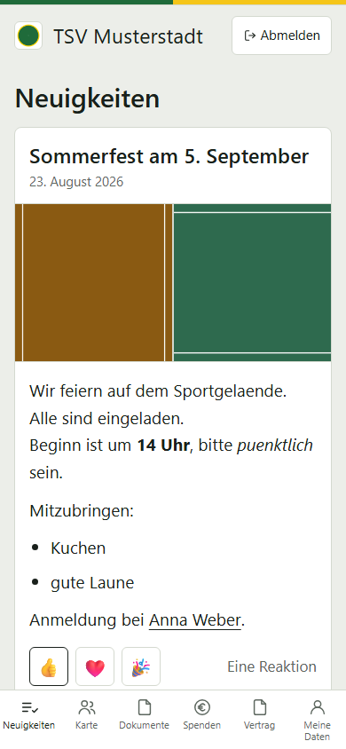 Das Mitgliederportal: die Nachrichten des Vereins, eigene Dokumente und die eigenen Daten.